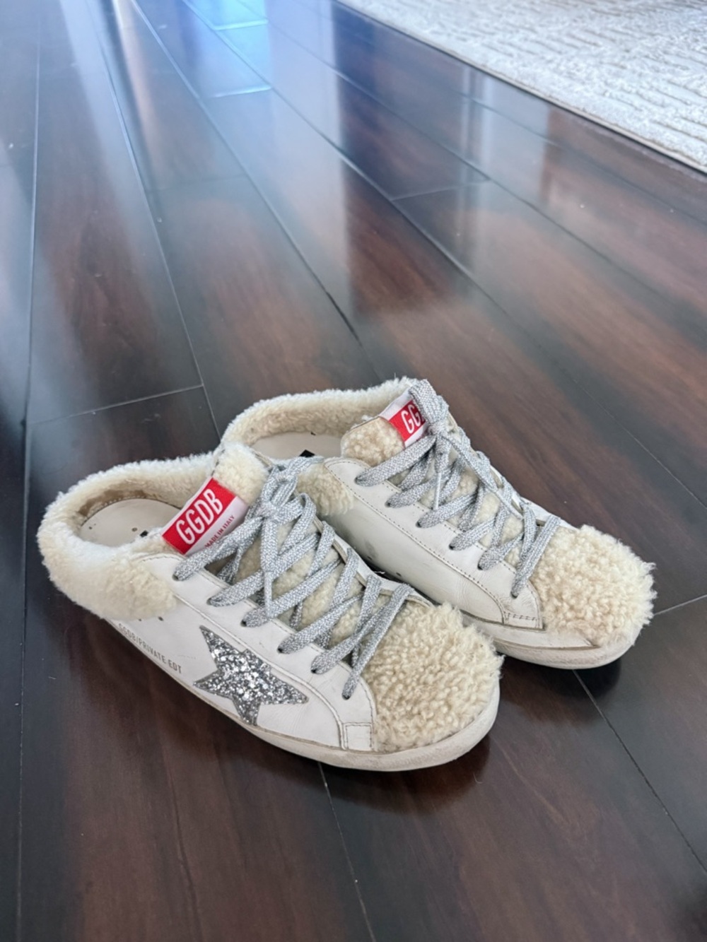 GOLDEN GOOSE SUPER-STAR Shearling-Trim Slip-On Sabot Sneakers Glitter Star - Picture 5 of 11